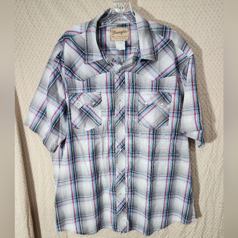 Vintage Wrangler Western Gray, Blue Plaid MOP Snap Front Shirt Men's Large/XL